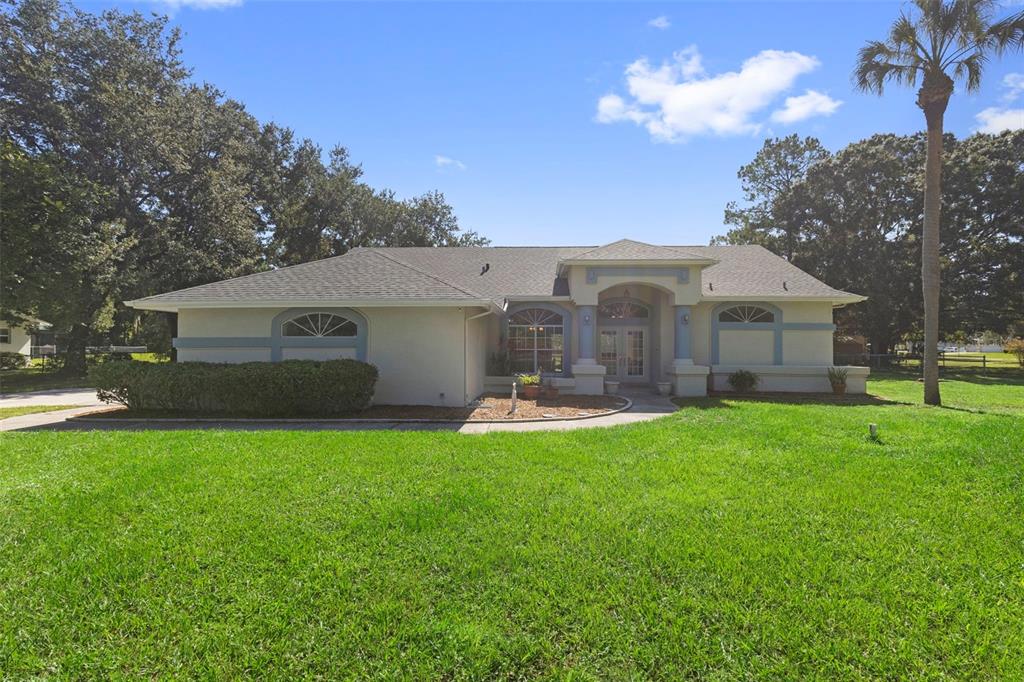 A single-story house with a light-colored stucco exterior, arched windows, and a front entryway — 17269 RAINTREE ROAD, LUTZ, FL