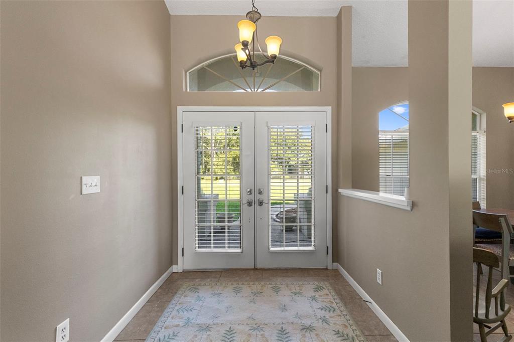 An entryway features double glass doors, a chandelier, and a patterned rug on tile flooring — 17269 RAINTREE ROAD, LUTZ, FL