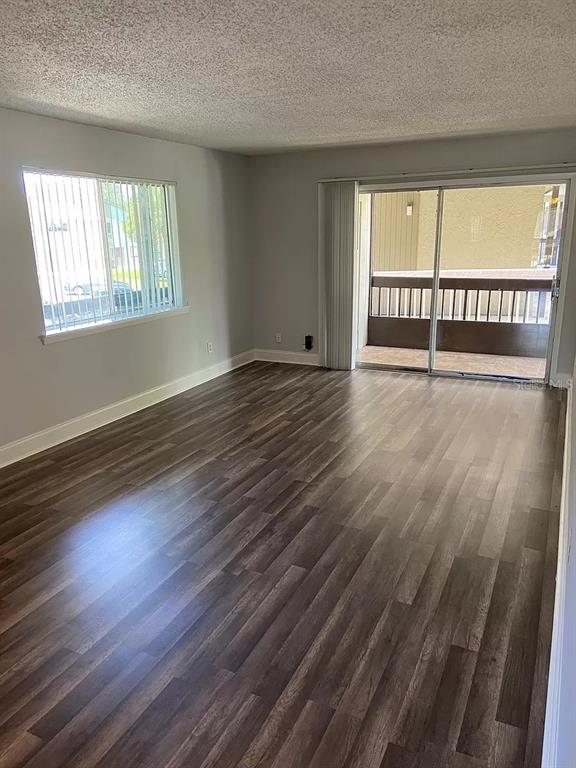 An empty living room features wood-look flooring, a window with blinds, and a sliding glass door — 6308 NEWTOWN CIRCLE UNIT 8B1, TAMPA, FL