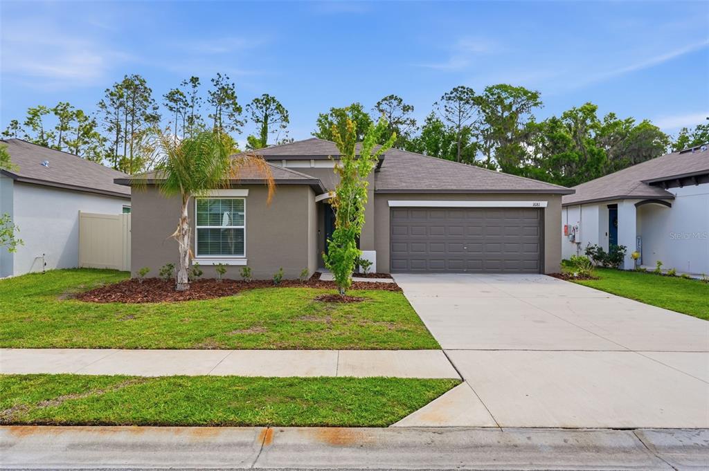 A single-story house with a gray stucco exterior, a two-car garage, and a front lawn — 1681 RED LOOP, LAKELAND, FL