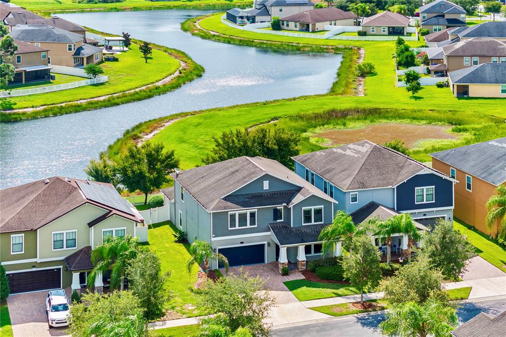 An aerial view shows several suburban houses with garages and driveways near a winding lake — 19343 PADDOCK VIEW DRIVE, TAMPA, FL