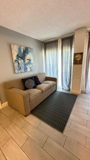 A living room features a beige sofa, a dark area rug, and sheer window curtains — 6165 CARRIER DRIVE UNIT 3105, ORLANDO, FL