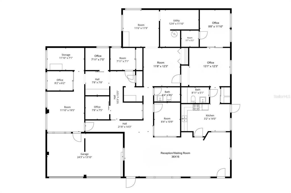 This is a floor plan of a commercial building featuring multiple offices, rooms, and a garage — 4242 MCINTOSH LANE, SARASOTA, FL