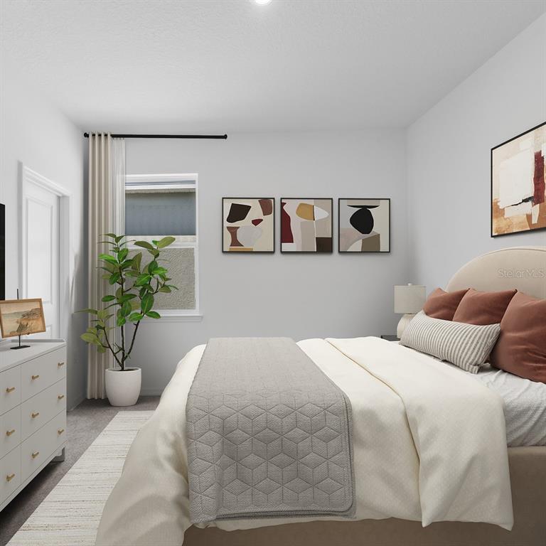 This is a digital rendering of a bedroom featuring a bed, dresser, and wall art — 6743 WINTERBERRY DRIVE, LAKE HAMILTON, FL