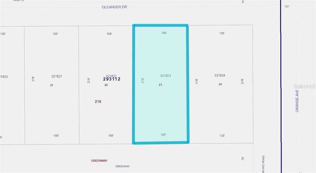 This is a plat map showing a rectangular parcel of land highlighted in blue — OLEANDER DRIVE, INDIAN LAKE ESTATES, FL