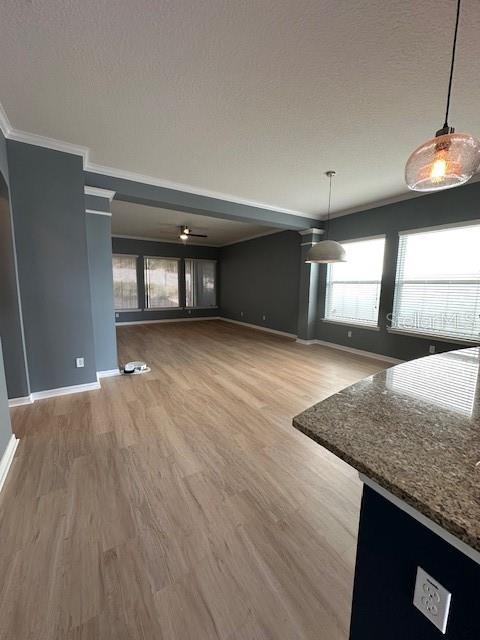 A spacious living area features light wood-look flooring, gray walls, and a granite-topped kitchen island — 16758 ABBEY HILL COURT, CLERMONT, FL