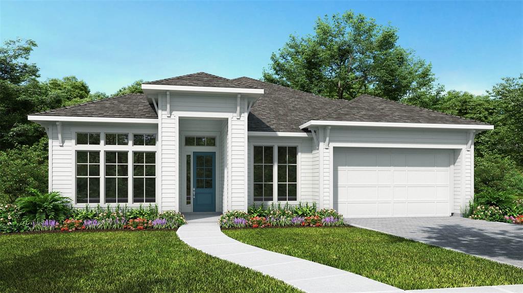 This is a digital rendering of a single-story house with white siding and a blue door — 3166 SAILHOUSE DRIVE, ST CLOUD, FL