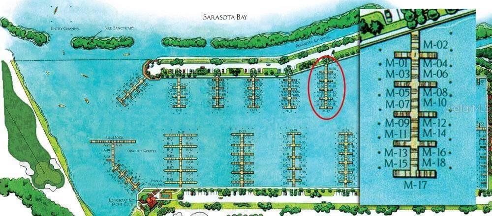 This is a map of a marina showing boat slip locations and numbering — 2800 HARBOURSIDE DRIVE UNIT M-03, LONGBOAT KEY, FL