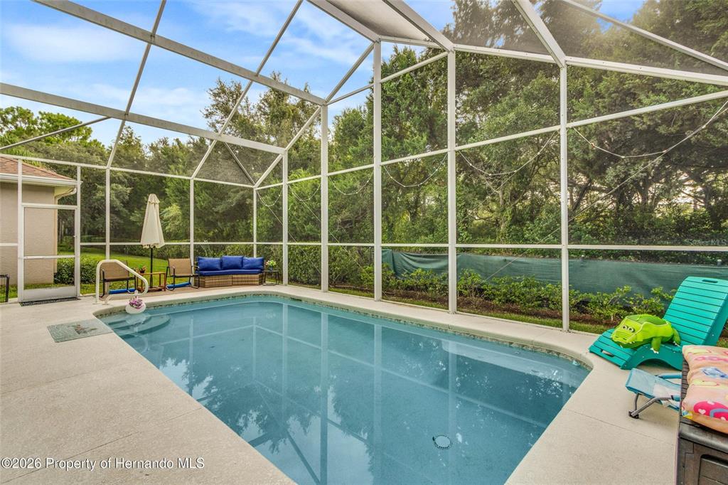 A screened-in swimming pool area features a patio, outdoor furniture, and surrounding trees — 5466 LEGEND HILLS LANE, SPRING HILL, FL