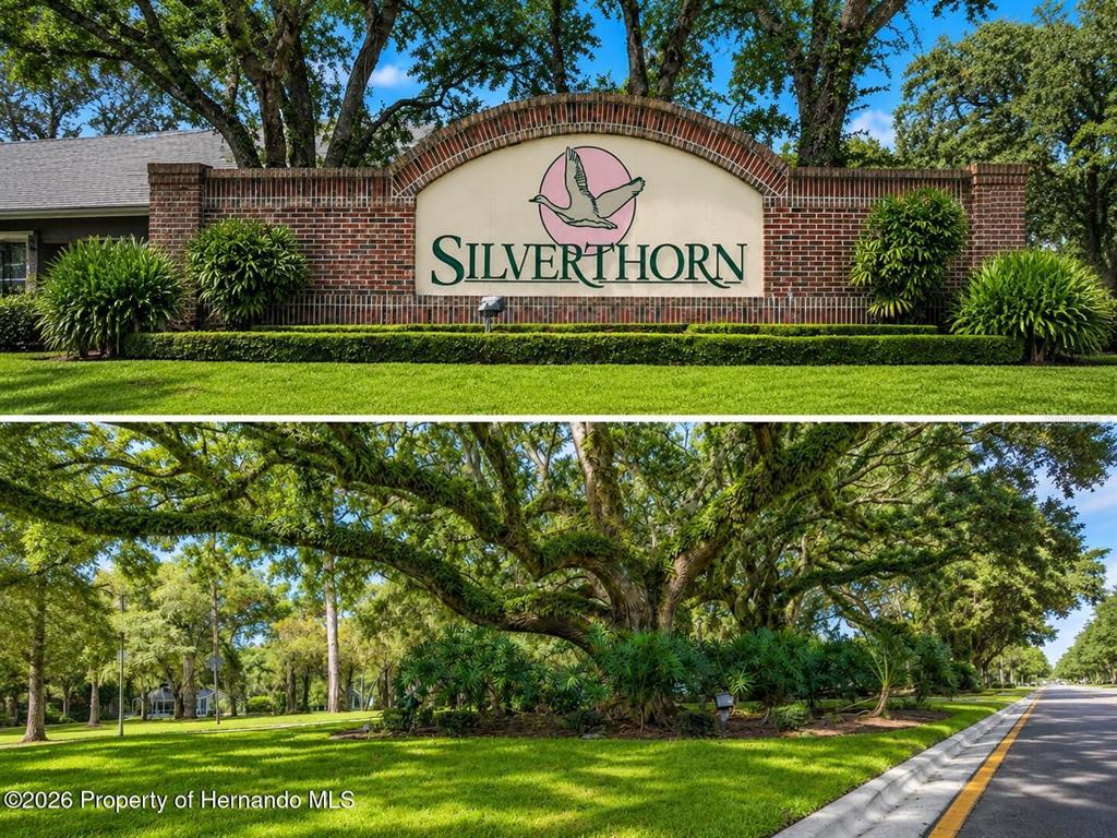 This image shows a brick entrance sign for Silverthorn and a tree-lined residential street — 5466 LEGEND HILLS LANE, SPRING HILL, FL