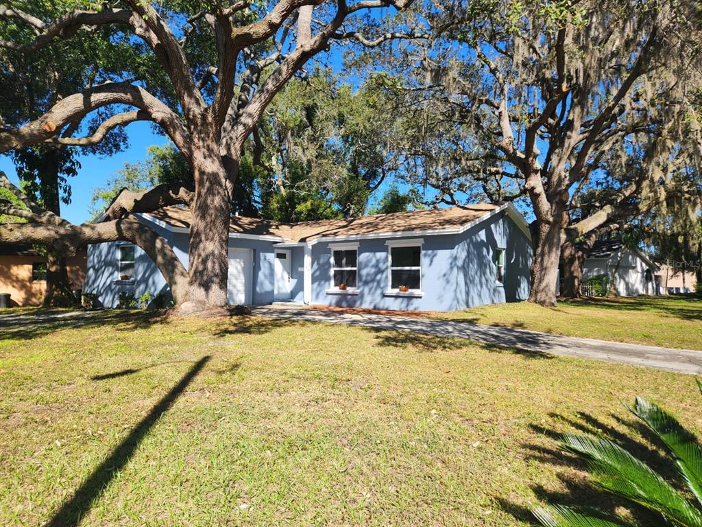 A blue single-story house with a brown roof sits under large oak trees — 800 DIANE CIRCLE, CASSELBERRY, FL