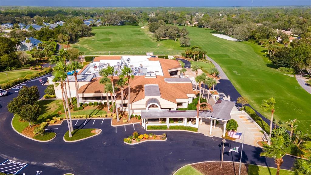 An aerial view shows a residential property marked by a red arrow near a pond — 441 SWEET BAY AVENUE, NEW SMYRNA BEACH, FL