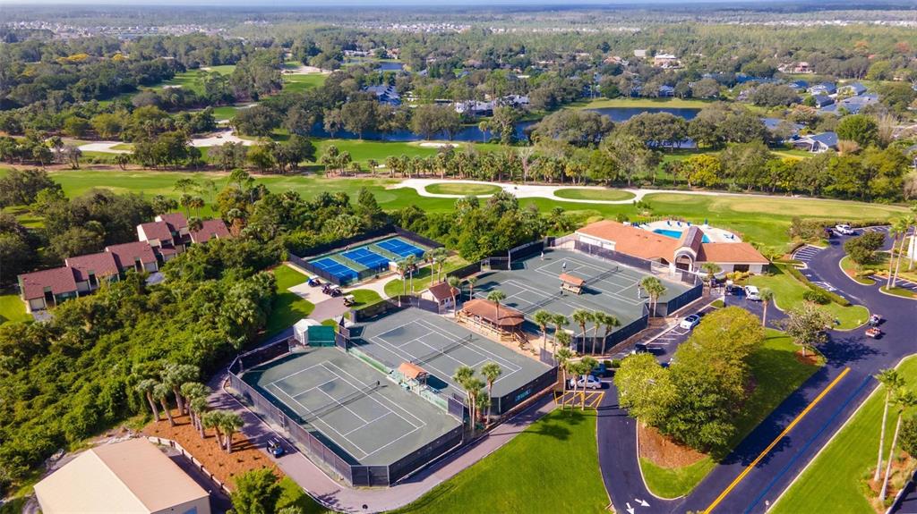 An aerial view shows several suburban houses with swimming pools surrounded by trees and lawns — 441 SWEET BAY AVENUE, NEW SMYRNA BEACH, FL