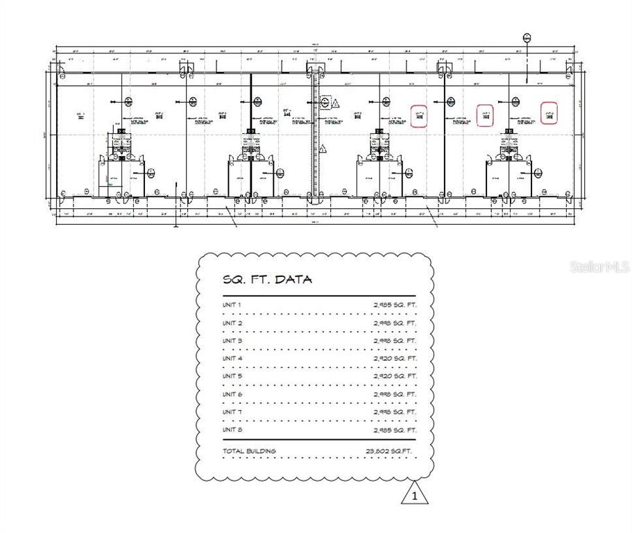 This is a floor plan showing the layout and square footage for eight commercial units — TBD SE US HIGHWAY 441, BELLEVIEW, FL