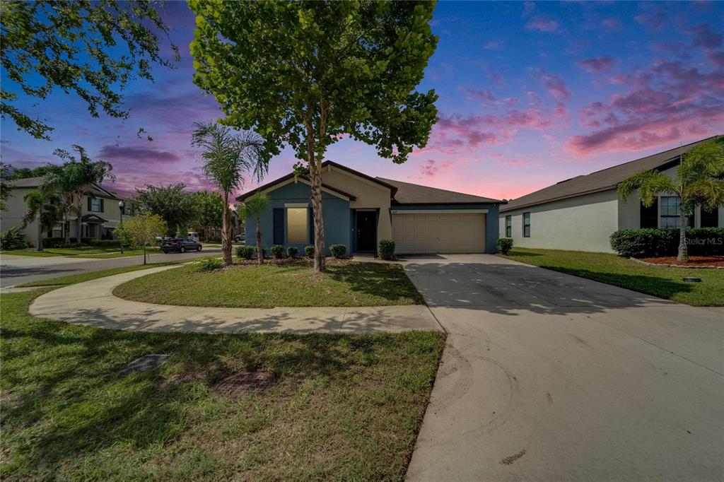 A blue single-story house with a two-car garage and a concrete driveway at sunset — 10119 ROSE PETAL PLACE, RIVERVIEW, FL