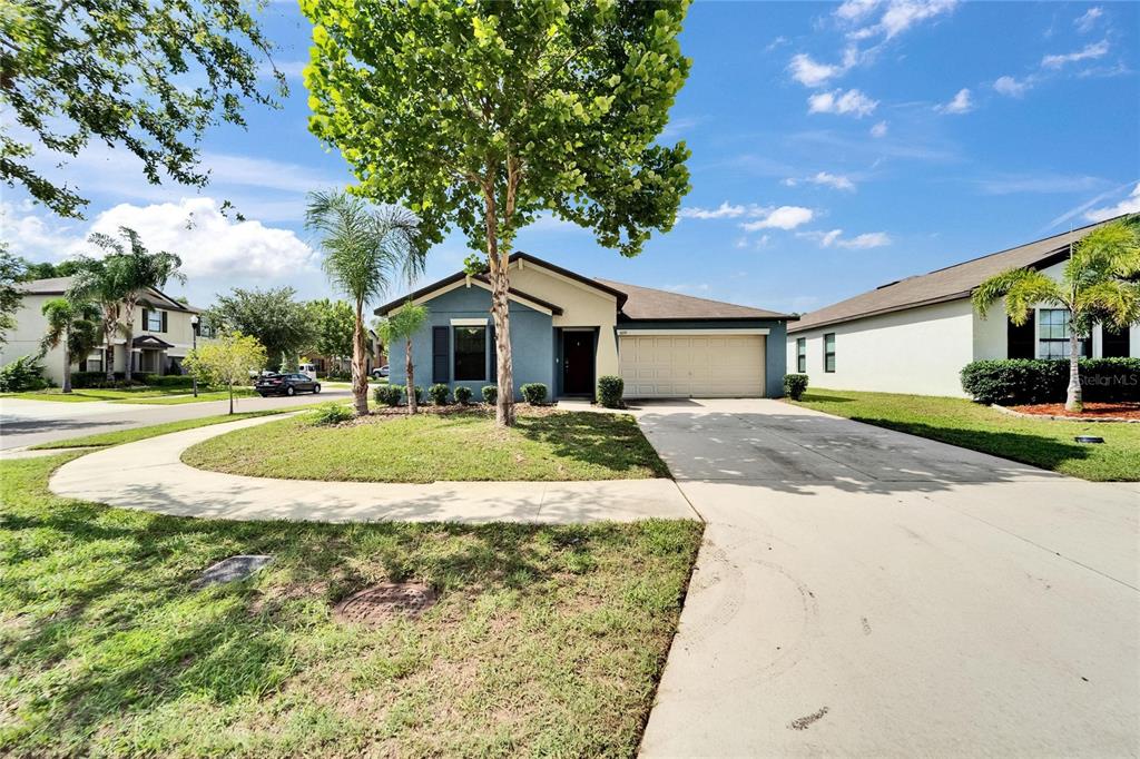 A single-story blue house with a two-car garage and a concrete driveway — 10119 ROSE PETAL PLACE, RIVERVIEW, FL