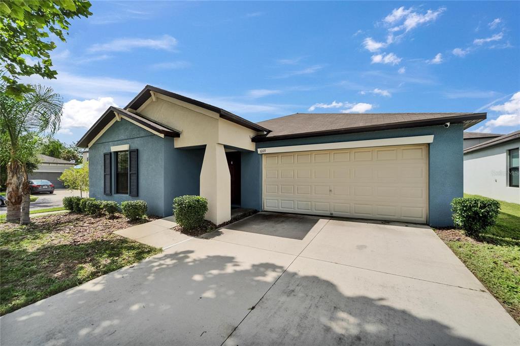 A single-story house with blue stucco siding, a beige garage door, and a concrete driveway — 10119 ROSE PETAL PLACE, RIVERVIEW, FL
