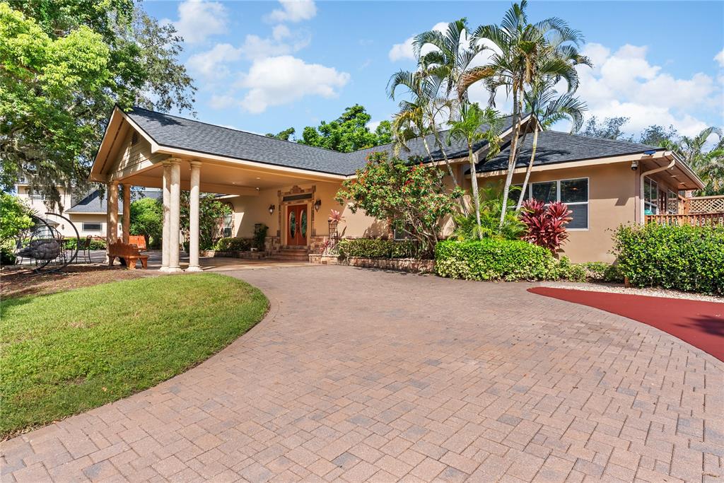 A single-story house with a paved driveway, a covered entryway, and palm trees — 20 BOGIE LANE, PALM HARBOR, FL