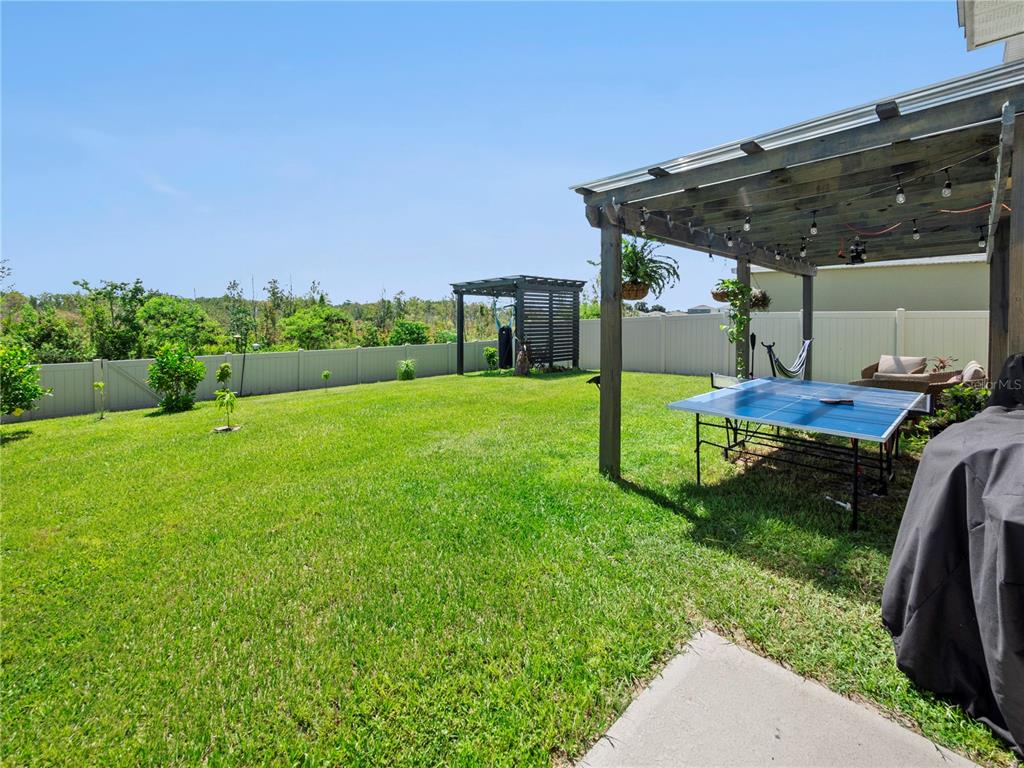 A backyard features a covered patio with a ping pong table and a detached pergola — 270 MEADOWBROOK BOULEVARD, WINTER HAVEN, FL