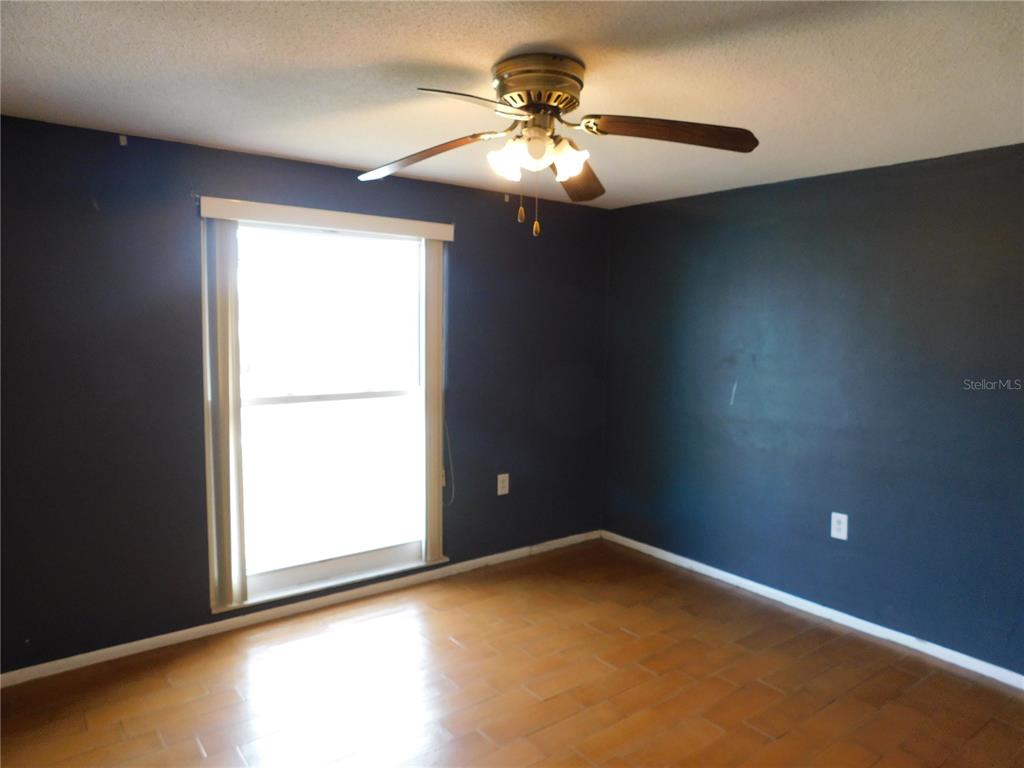 A bedroom features dark blue walls, wood-look tile flooring, and a ceiling fan — 3220 COLDWELL DRIVE, HOLIDAY, FL