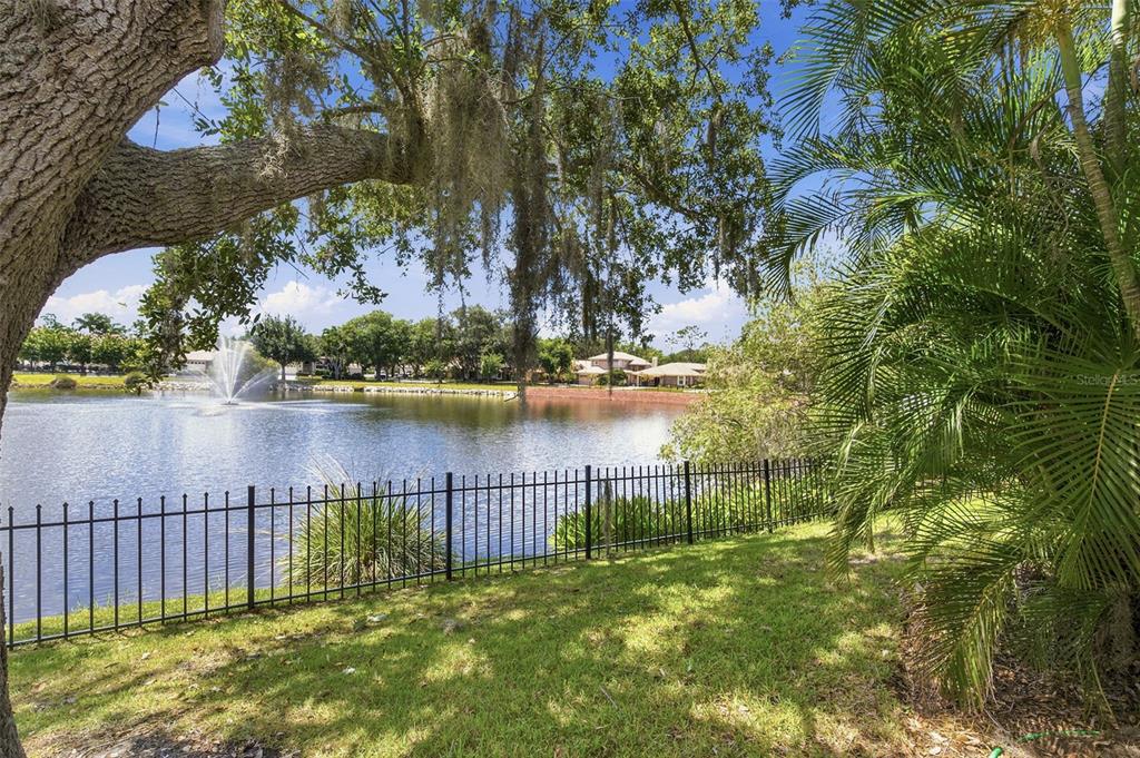 A black metal fence overlooks a pond with a fountain and surrounding trees — 1469 RIVERDALE DRIVE, OLDSMAR, FL