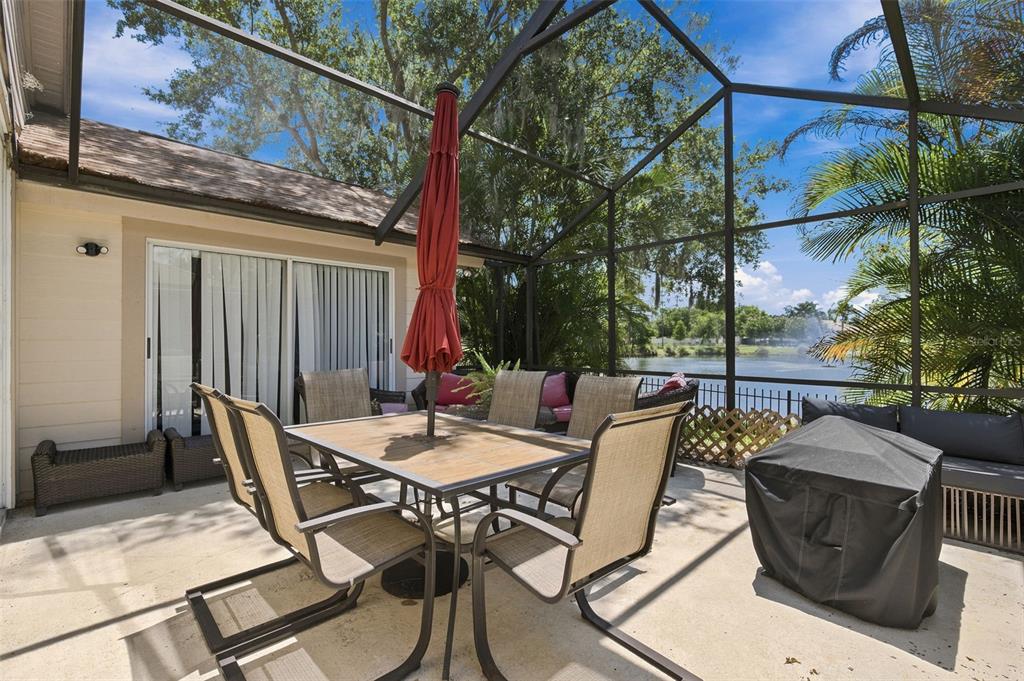 A screened-in patio features a dining set, a covered grill, and a view of a lake — 1469 RIVERDALE DRIVE, OLDSMAR, FL