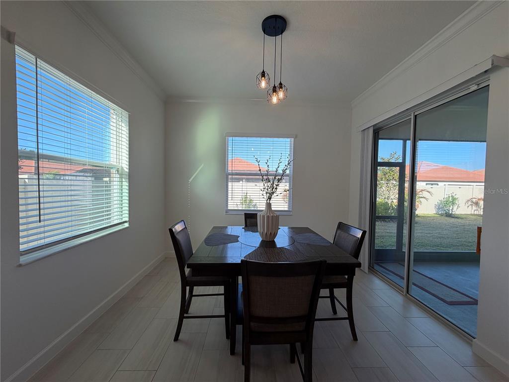 A dining room features a dark wood table, four chairs, a pendant light, and tile flooring — 17165 SCUBA CREST STREET, WIMAUMA, FL