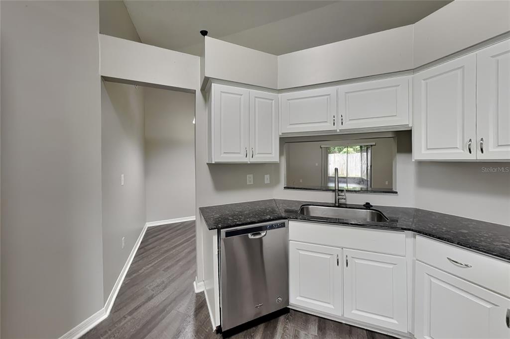 A kitchen features white cabinets, dark granite countertops, a stainless steel dishwasher, and wood-look flooring — 1718 BRANDON TRACE AVENUE, BRANDON, FL