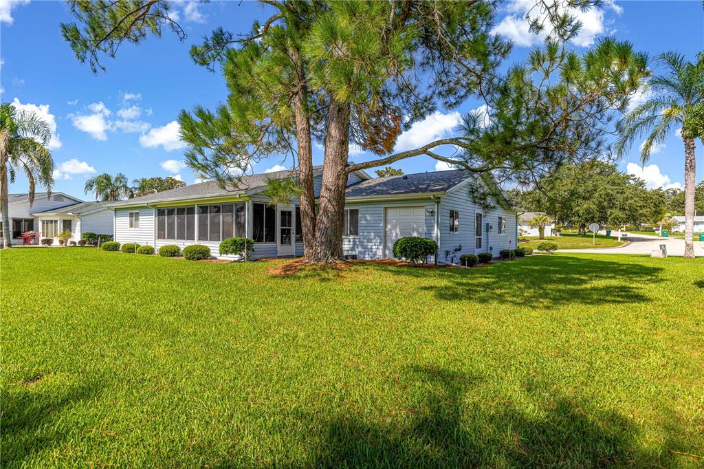 A light blue single-story house with a screened-in porch and a large pine tree — 17873 SE 99TH AVENUE, SUMMERFIELD, FL