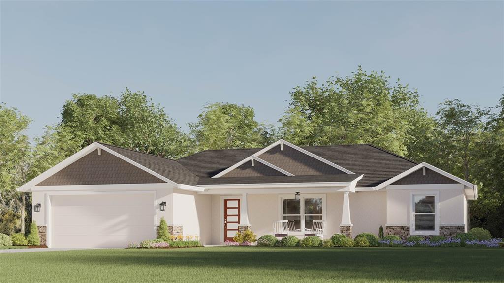This is a digital rendering of a single-story suburban house with a two-car garage — TBD BAY TRACK, OCKLAWAHA, FL