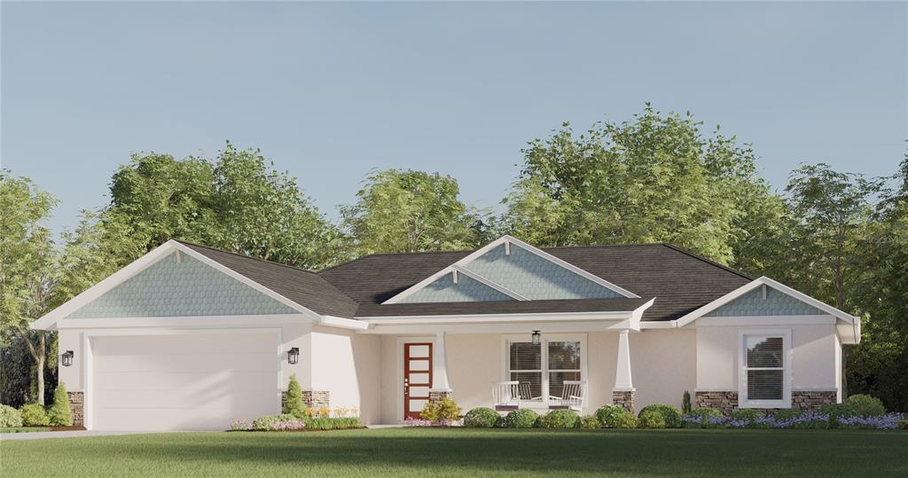This is a rendering of a single-story suburban house with a garage and light-colored siding — TBD BAY TRACK, OCKLAWAHA, FL