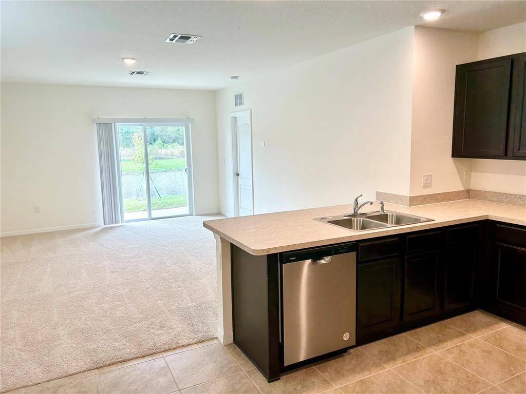 A kitchen with dark cabinets and a stainless steel dishwasher overlooks a carpeted living area — 3349 COSTELLO CIRCLE, WINTER HAVEN, FL