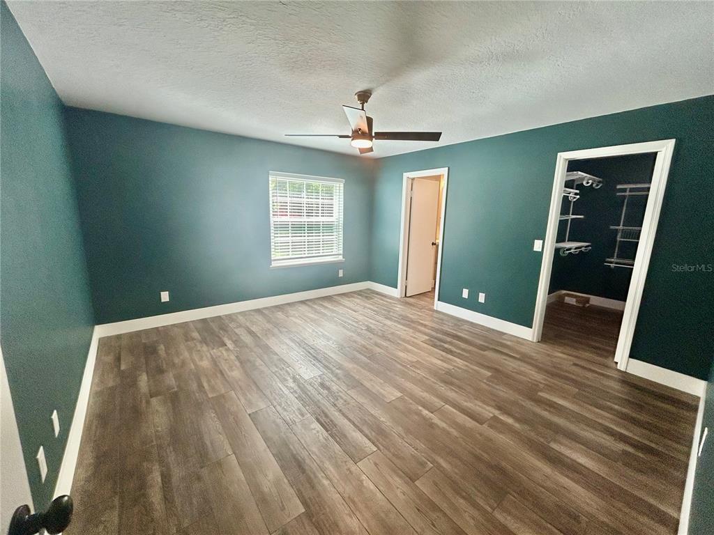 A bedroom with teal walls, wood-look flooring, a ceiling fan, and an open walk-in closet — 770 SW 125TH AVENUE, OCALA, FL