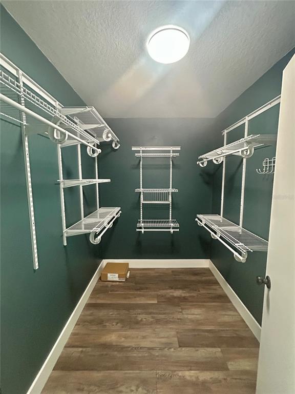 A walk-in closet features dark green walls, white wire shelving, and wood-look flooring — 770 SW 125TH AVENUE, OCALA, FL