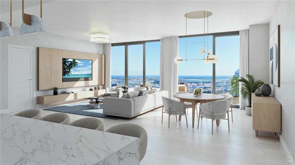 This rendering shows a modern open-concept living and dining area with floor-to-ceiling windows — 520 N TAMPA ST UNIT 2707, TAMPA, FL