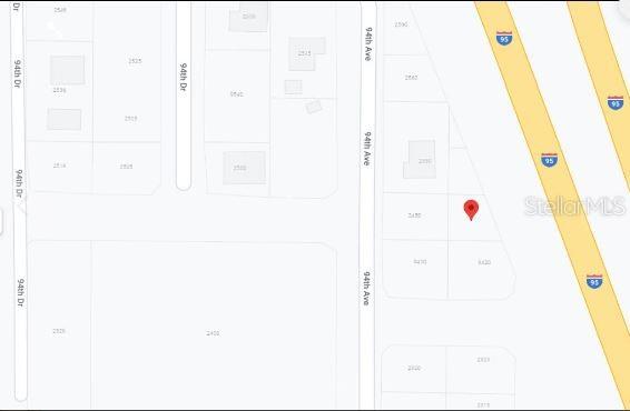 This is a map showing property lots and street layouts adjacent to an interstate highway — I-95, VERO BEACH, FL