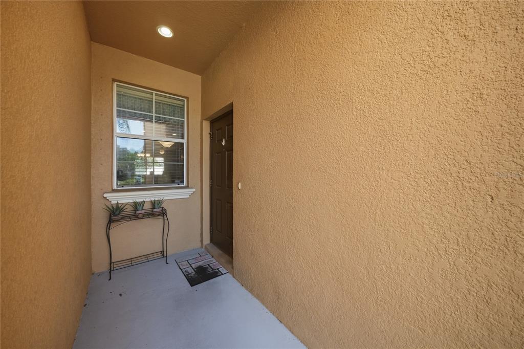 A covered entryway features a brown door, a window, and a small metal plant stand — 9477 TRUMPET VINE LOOP, TRINITY, FL