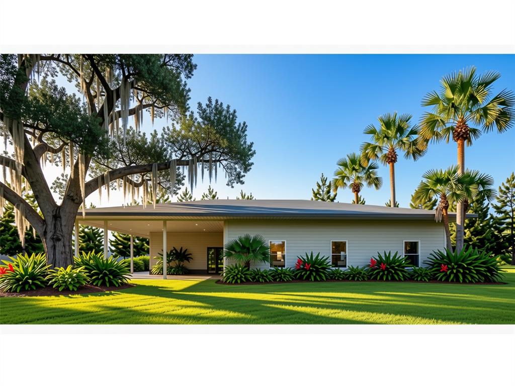 A digital rendering of a single-story house exterior with a covered porch and palm trees — 102 TOMPKINS STREET, PORT CHARLOTTE, FL