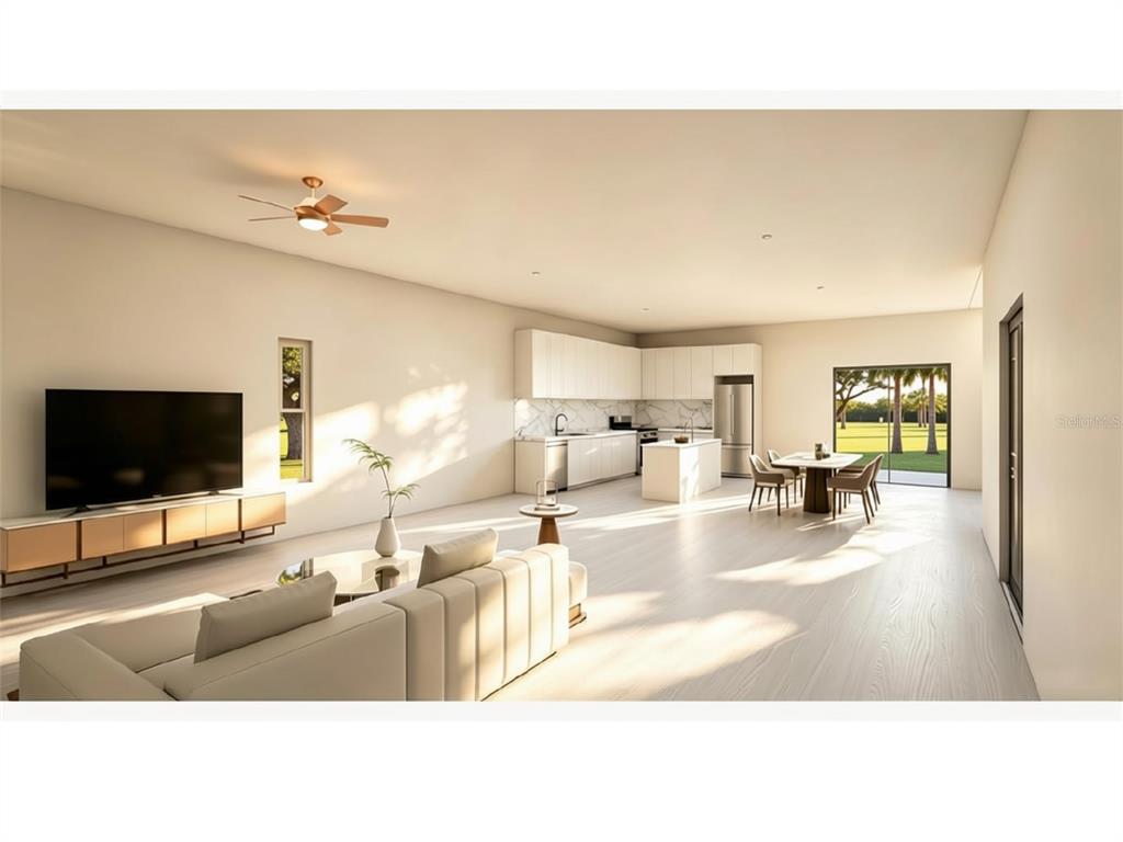 This is a rendering of an open-concept living room and kitchen with light wood flooring — 102 TOMPKINS STREET, PORT CHARLOTTE, FL