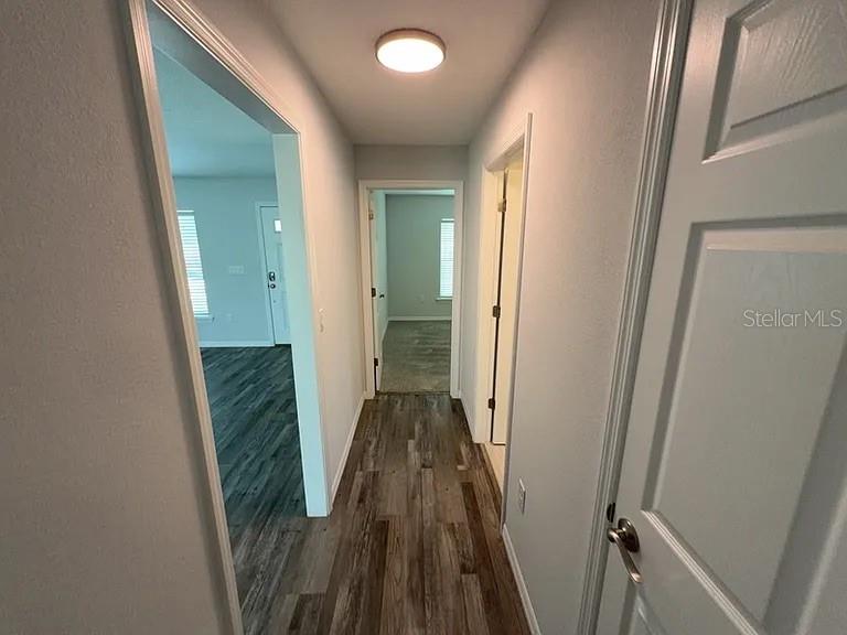 A hallway with wood-look flooring leads to a doorway and an open living area — 15023 SE 93RD COURT, SUMMERFIELD, FL