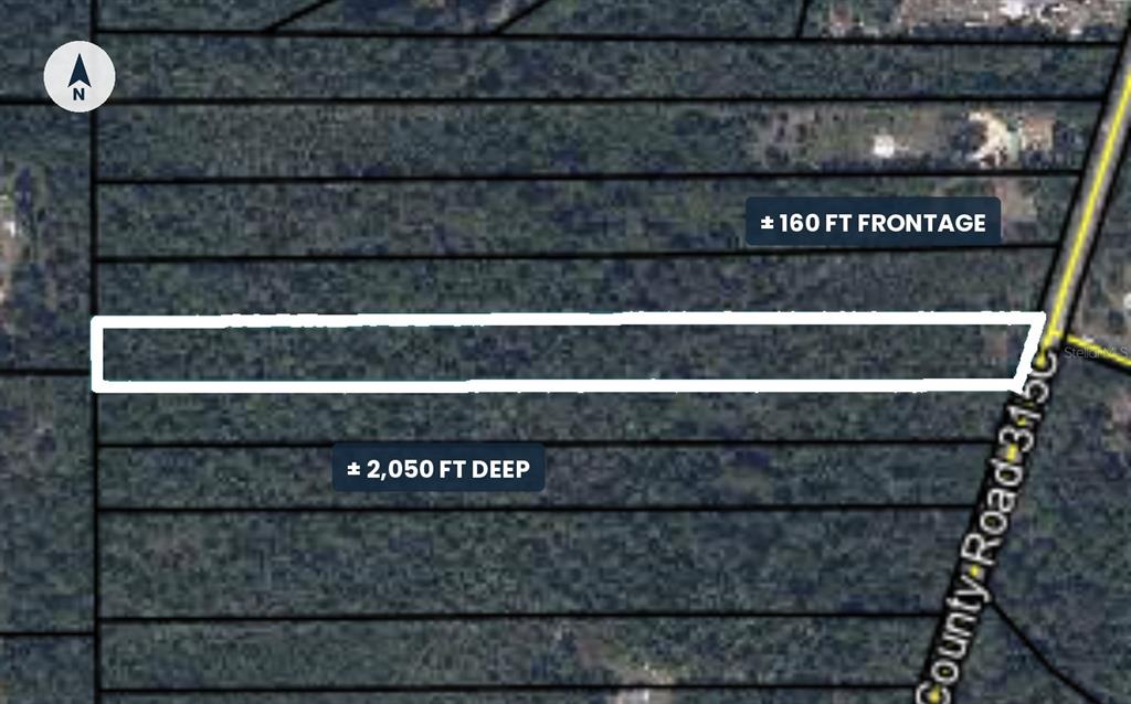 This aerial map shows a rectangular plot of land with 160 feet of road frontage — 6366 COUNTY ROAD 315C, KEYSTONE HEIGHTS, FL