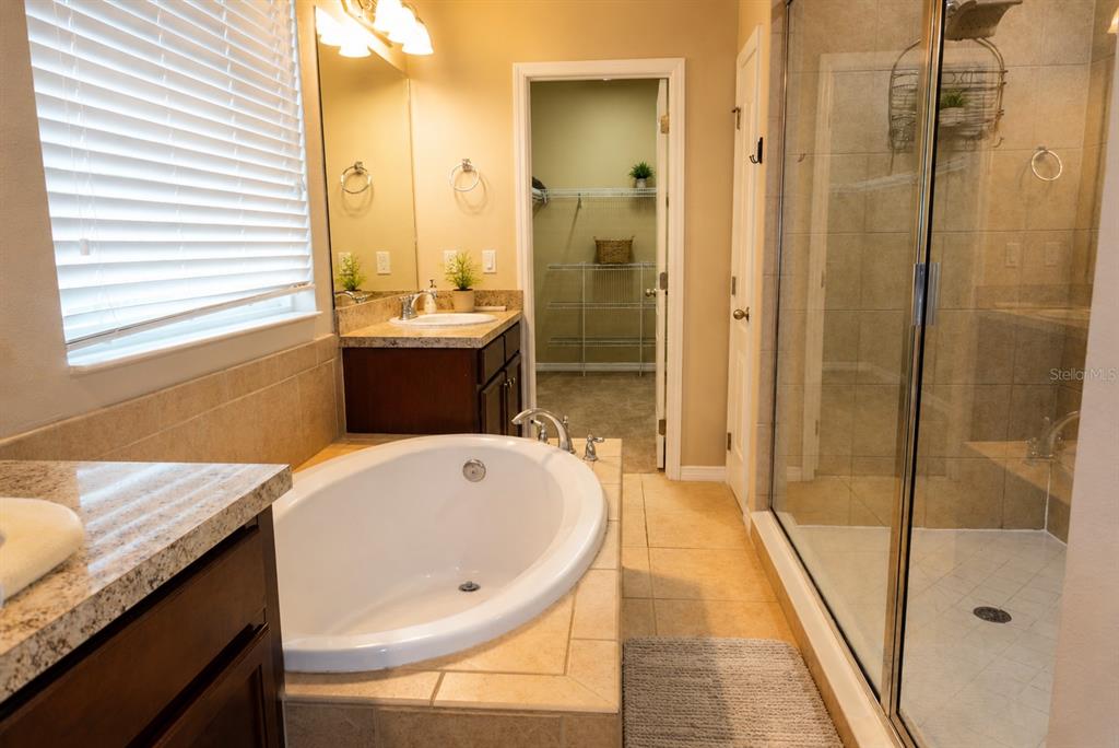 A bathroom features a soaking tub, a glass-enclosed shower, a vanity, and a walk-in closet — 11543 TANGLE BRANCH LANE, GIBSONTON, FL