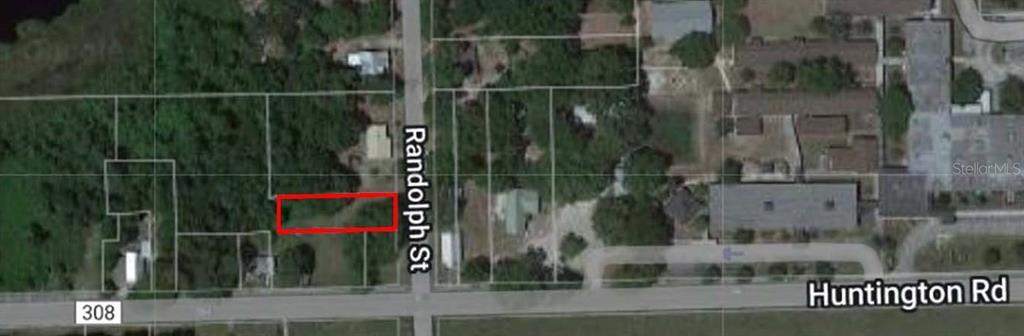 This is an aerial map showing a rectangular plot of land highlighted in red — RANDOLPH STREET, CRESCENT CITY, FL