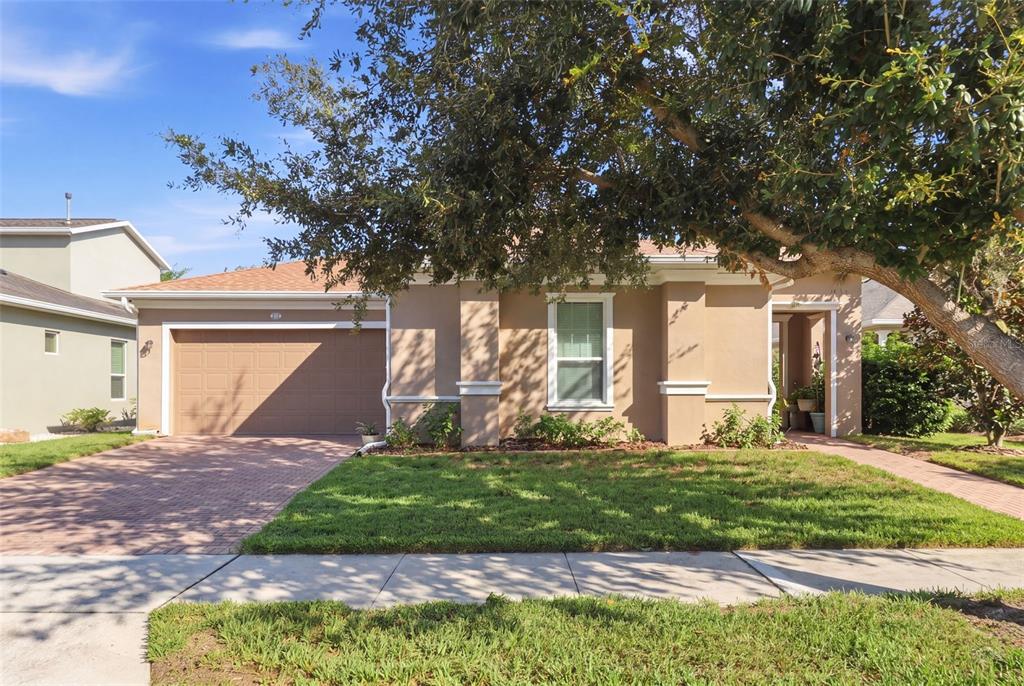 A single-story tan house with a two-car garage and a large tree in the front — 273 SILVER MAPLE ROAD, GROVELAND, FL