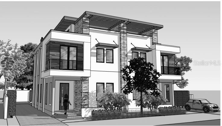 This is a rendering of a modern two-story duplex with stone accents and balconies — 1755 8TH STREET UNIT West, SARASOTA, FL