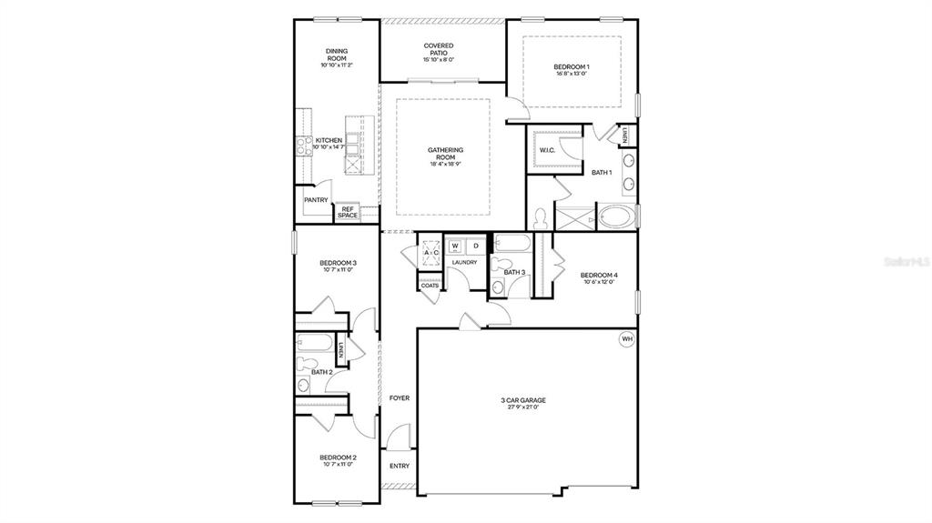 This is a floor plan for a single-story house with four bedrooms and a garage — 164 SPRINGWOOD DRIVE, PALM COAST, FL