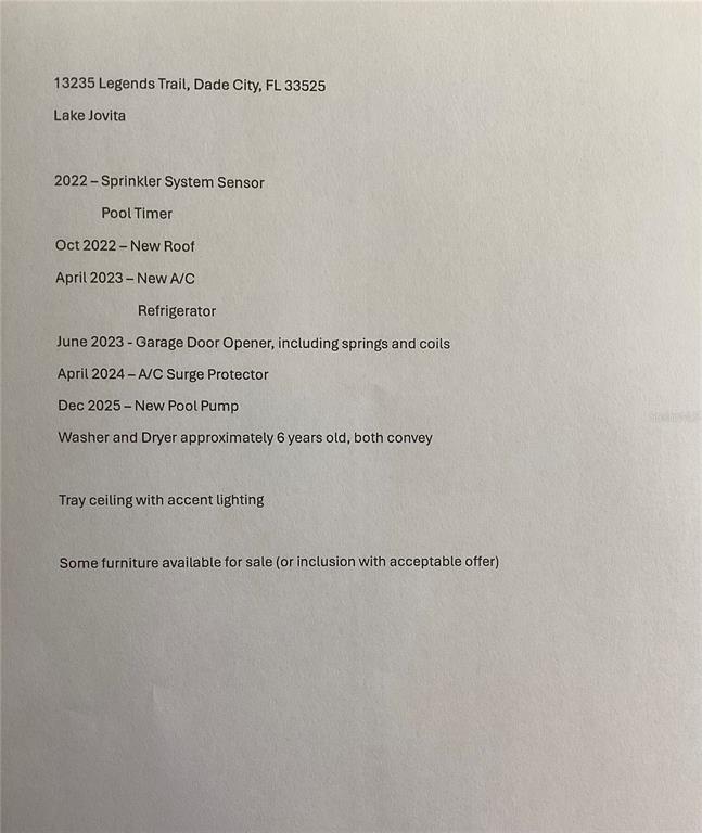 This document lists property upgrades, appliance ages, and features for a residential home — 13235 LEGENDS TRAIL, DADE CITY, FL