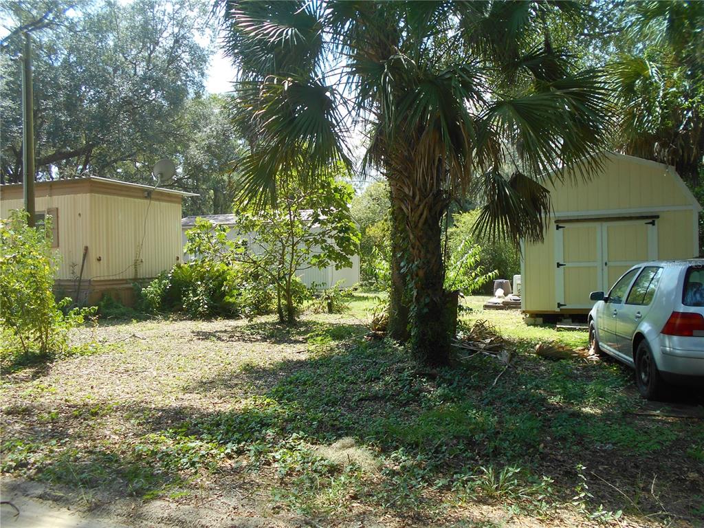 A yard features a mobile home, a storage shed, a palm tree, and a parked car — 18800 NE 248TH TERRACE, FORT MC COY, FL