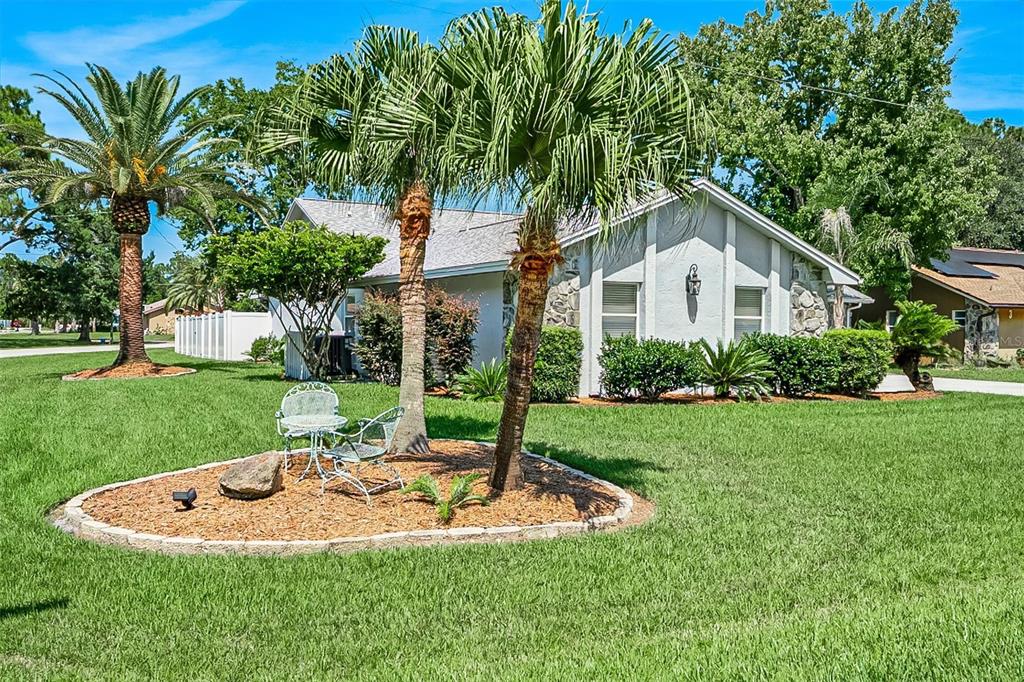 A single-story house with stone accents features a landscaped front yard with palm trees — 1 WASHWELL PLACE, PALM COAST, FL