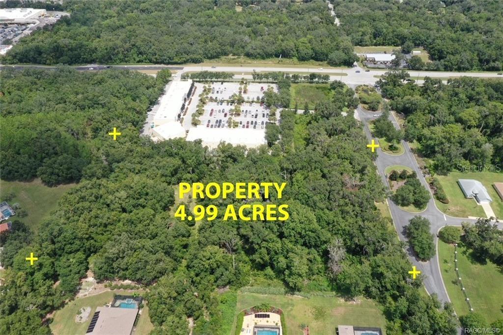 An aerial view shows a wooded 4.99-acre plot of land adjacent to a commercial parking lot — 2364 N HERITAGE OAKS PATH, HERNANDO, FL